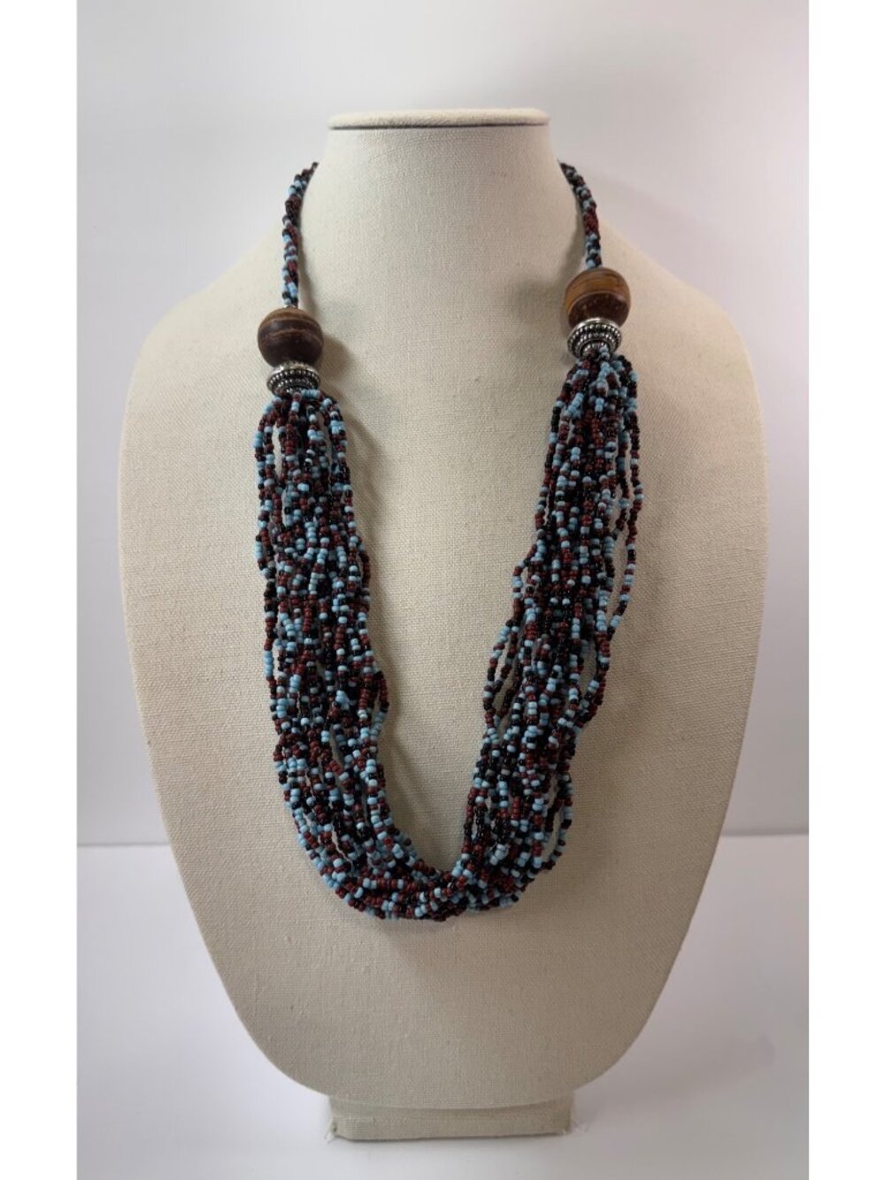 Southwestern Tribal Multi Strand Seed Bead Necklace Wood Silver Tone 30”